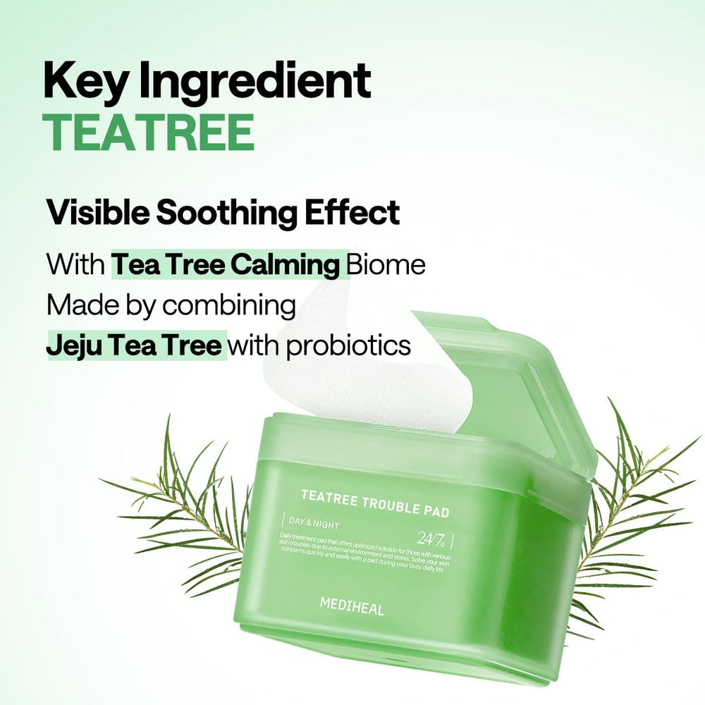 Mediheal Teatree Trouble Pad lactobacillus icon suggests probiotic skin support.
