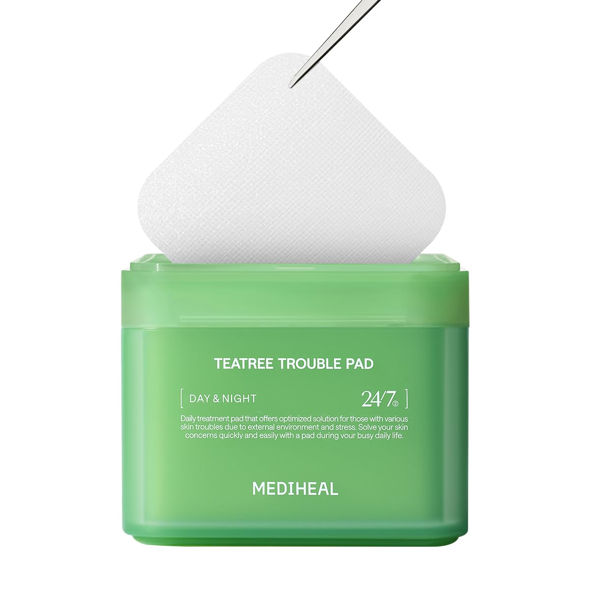 Mediheal Teatree Trouble Pad packaging shows compact vegan toner pads for gentle cleansing.