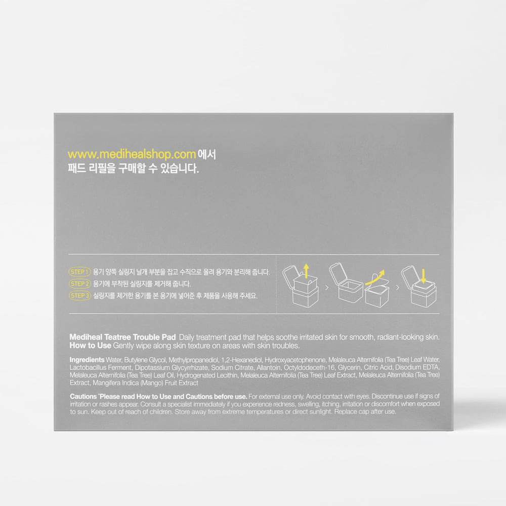 Mediheal Teatree Trouble Pad refill packaging highlights 100 pads and refill convenience.