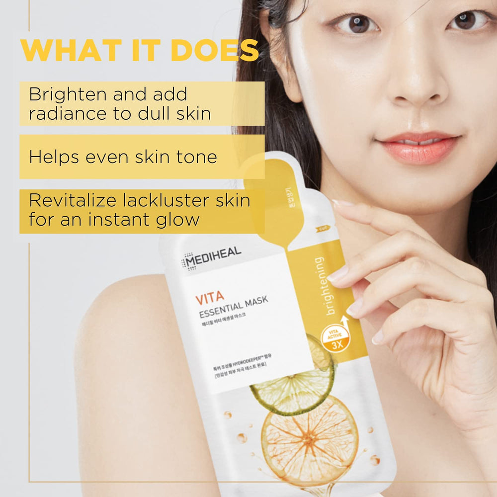 Mediheal Vita Active Complex application scene shows instant luminosity and radiant skin.