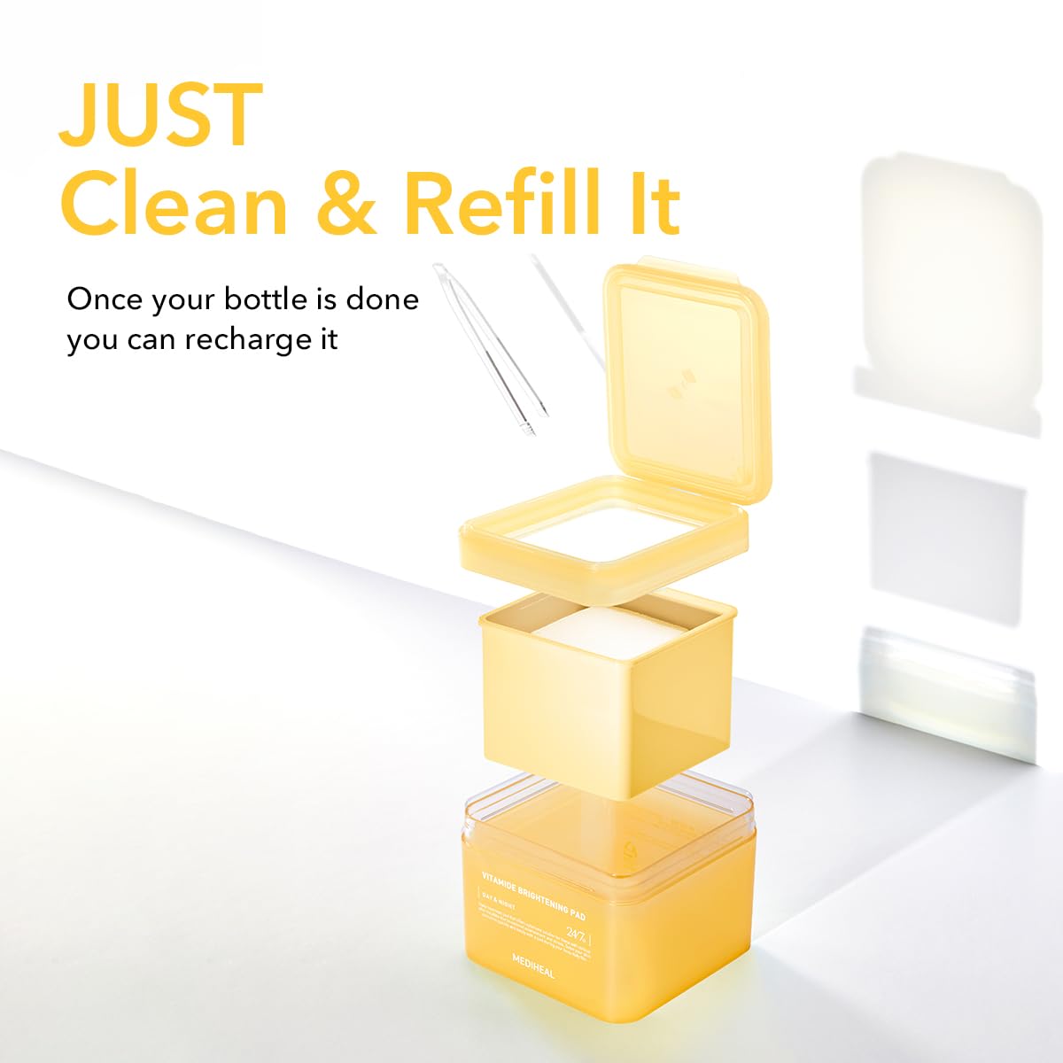 Mediheal Vitamide pad in use on cheek demonstrates quick, gentle surface cleansing.