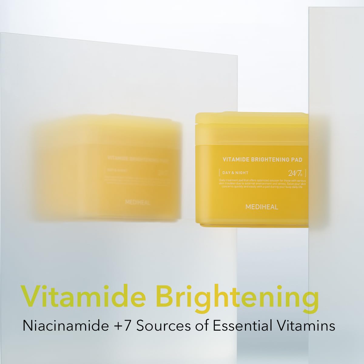 Mediheal Vitamide display shows niacinamide during routine skincare for brightening support.