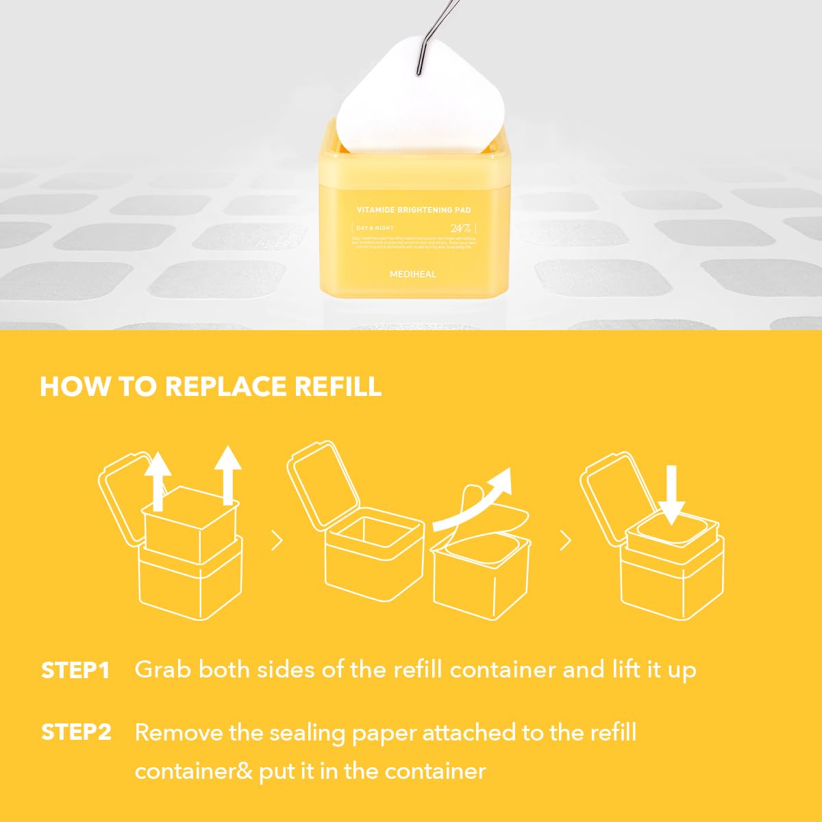 Mediheal Vitamide refill next to clean skincare setup highlights vegan and dermatologist-tested credentials.