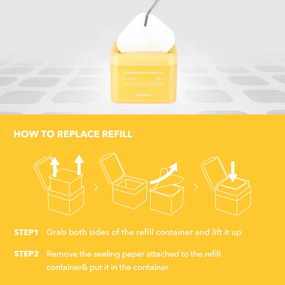 Mediheal Vitamide refill next to clean skincare setup highlights vegan and dermatologist-tested credentials.