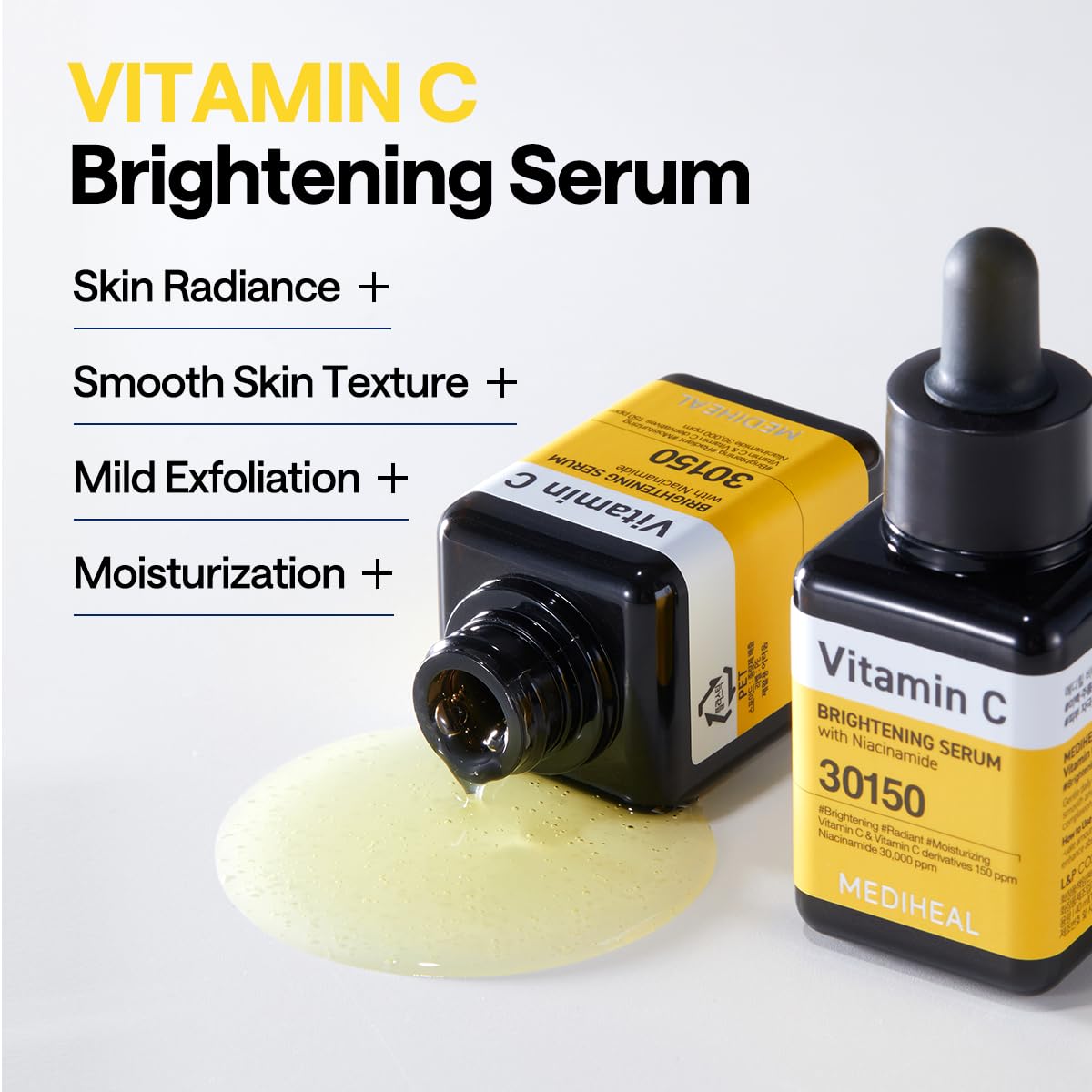 Mediheal Vitamin C Brightening Serum application swatch demonstrates even coverage on skin.