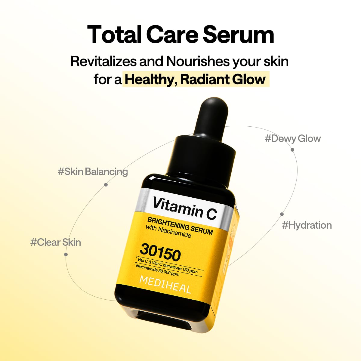 Mediheal Vitamin C Brightening Serum product image with vegan badge suggests gentle daily use.