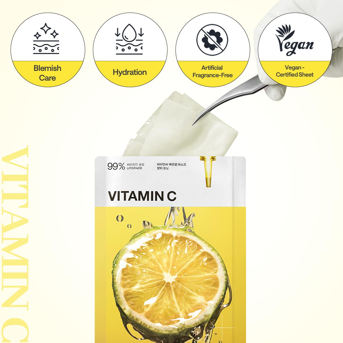 Mediheal Vitamin C Essential Mask in use on cheek showing comfortable fit.