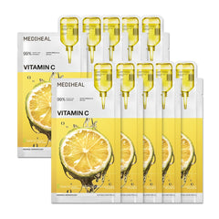Mediheal Vitamin C Essential Mask packaging highlights vegan formula for radiant skin.