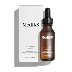 Medik8 C-Tetra Luxe bottle close-up highlighting balanced hydration for daily skin vitality