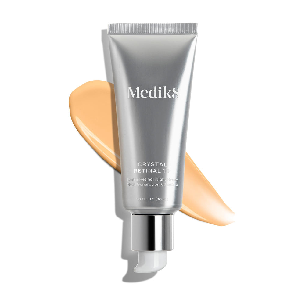Medik8 Crystal Retinal 10 night routine suggests wrinkle care potential.