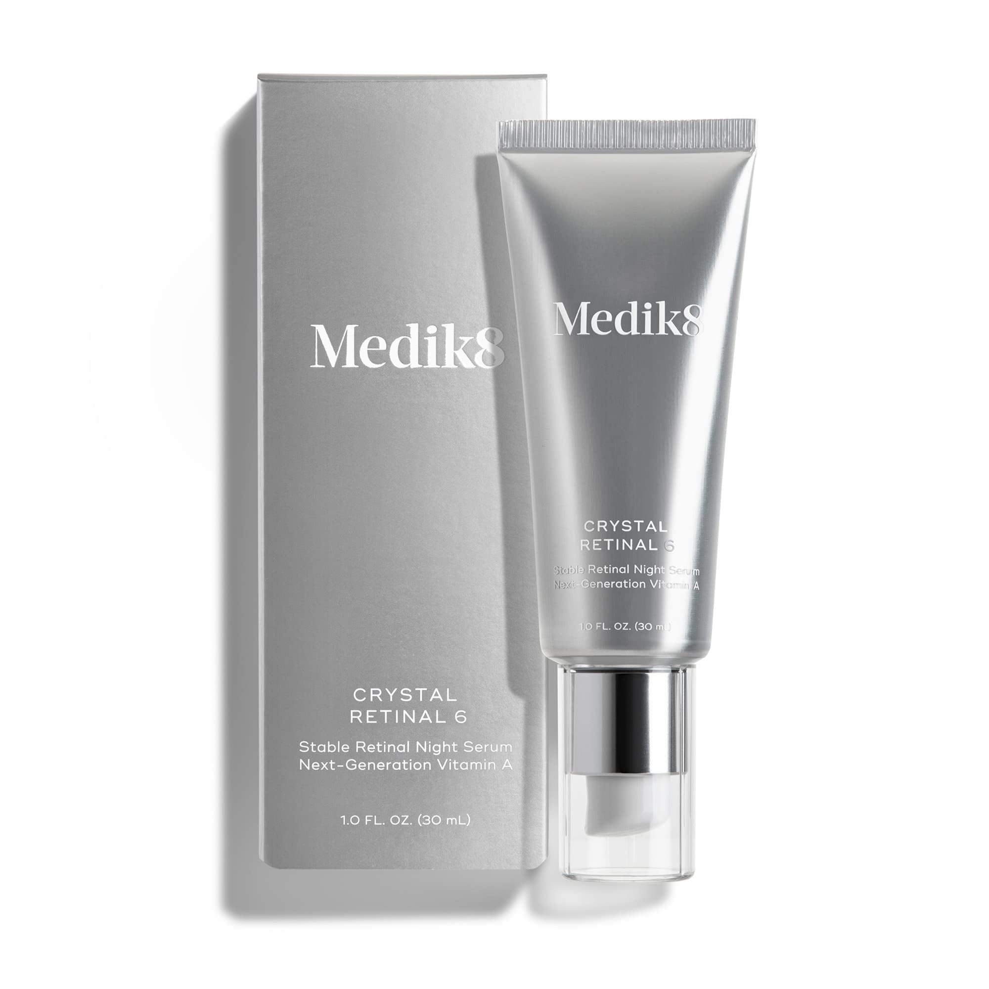 Medik8 Crystal Retinal 6 packaging on shelf signaling premium night routine.