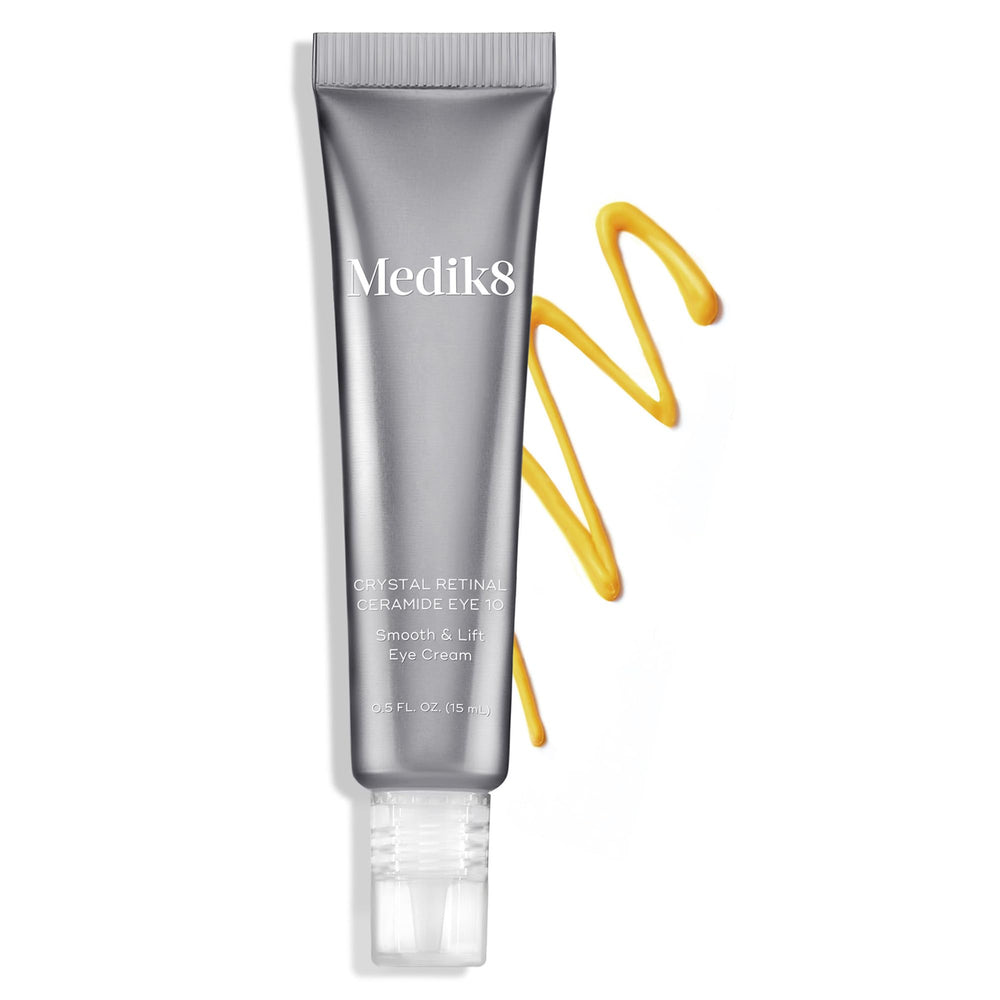 Medik8 Crystal Retinal Ceramide Eye 10 on hand highlights lightweight, non-greasy eye cream.