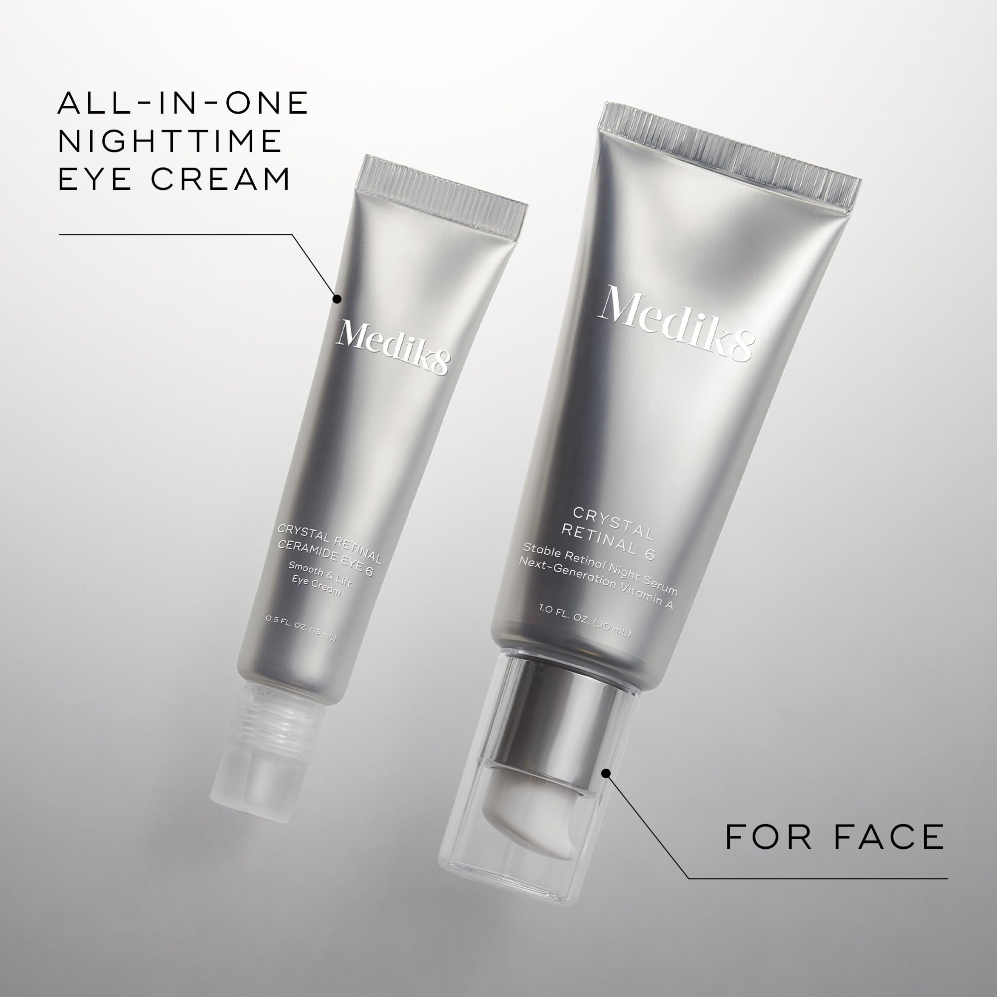 Medik8 Crystal Retinal Eye 6 hyaluronic spheres visibly plump fine lines around the eye.