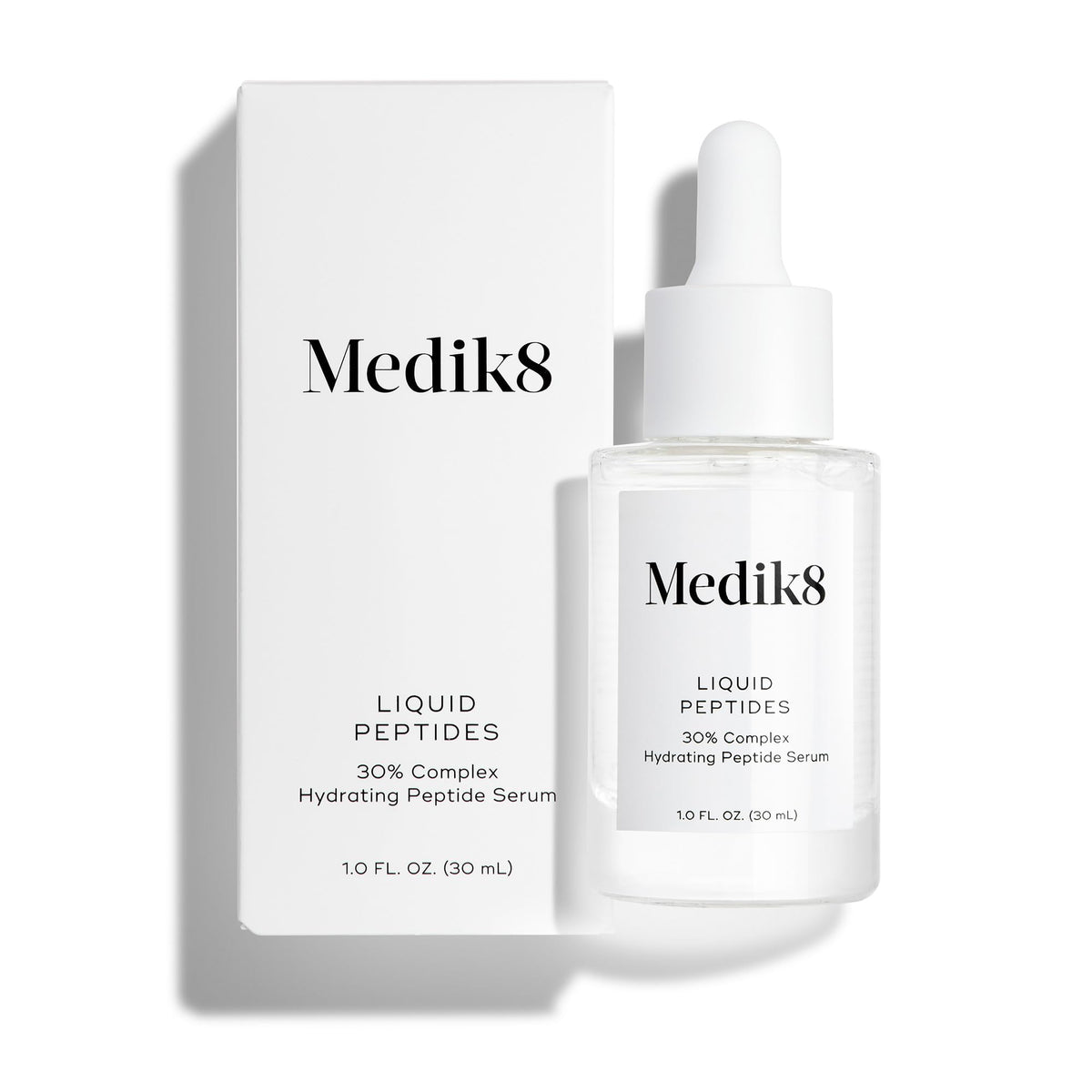 Medik8 Liquid Peptides serum bottle closeup highlighting hydration and anti-aging benefits.
