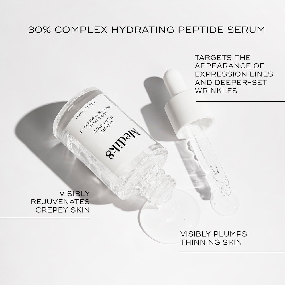 Medik8 Liquid Peptides serum on skin finish suggests smoother texture and firmness.