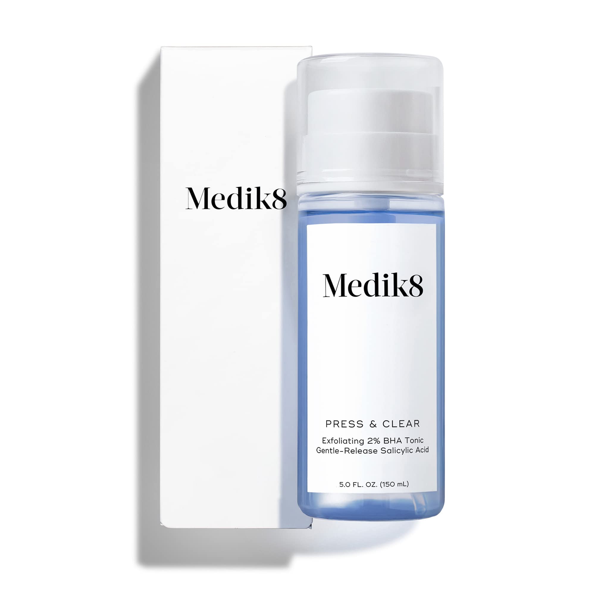 Medik8 Press and Clear toner packaging shown for gentle daily care.