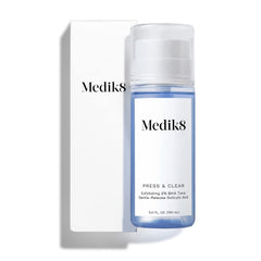 Medik8 Press and Clear toner packaging shown for gentle daily care.