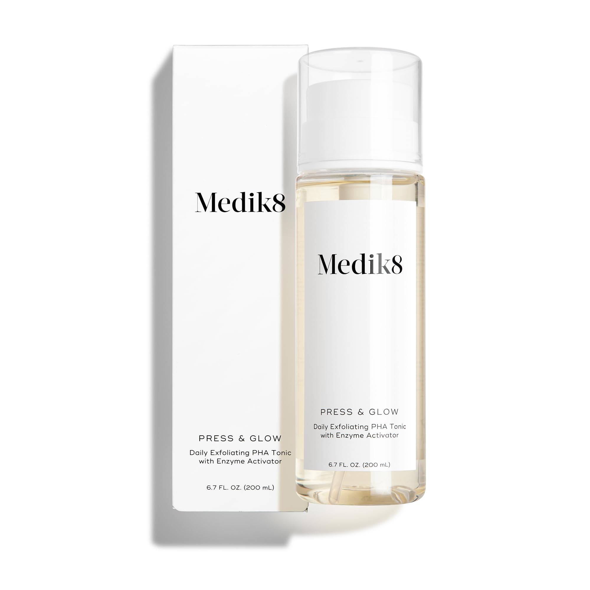 Medik8 Press and Glow toner bottle shown, gentle exfoliation for smoother skin