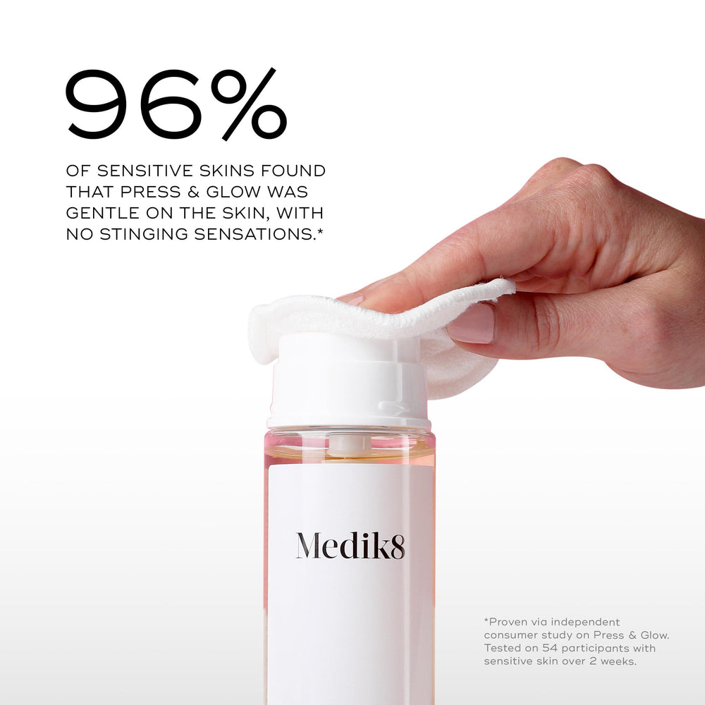 Medik8 Press and Glow toner drops closeup highlights PHAs for soft, even-toned skin