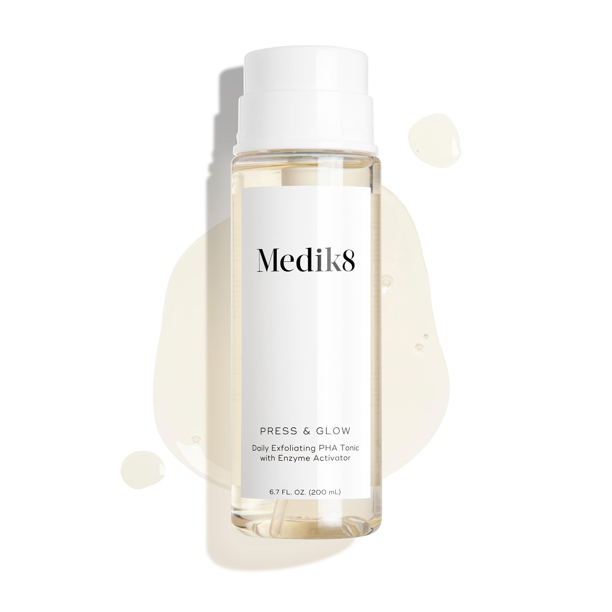 Medik8 Press and Glow toner packaging reflects clean, accessible skincare in a 6.7 oz bottle
