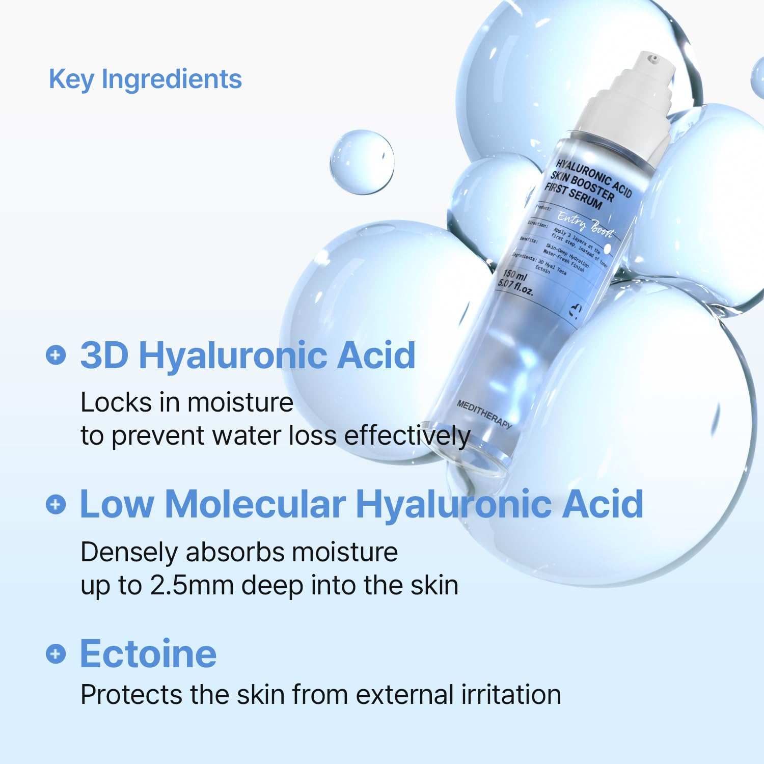 Meditherapy Hyaluronic Acid Serum XXL layer-in-skincare suggests multi-step routine for long-lasting hydration.