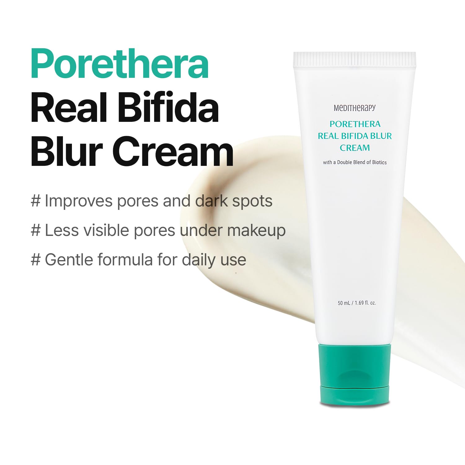 MEDITHERAPY Porethera cream swirls illustrating texture and pore-blurring effect