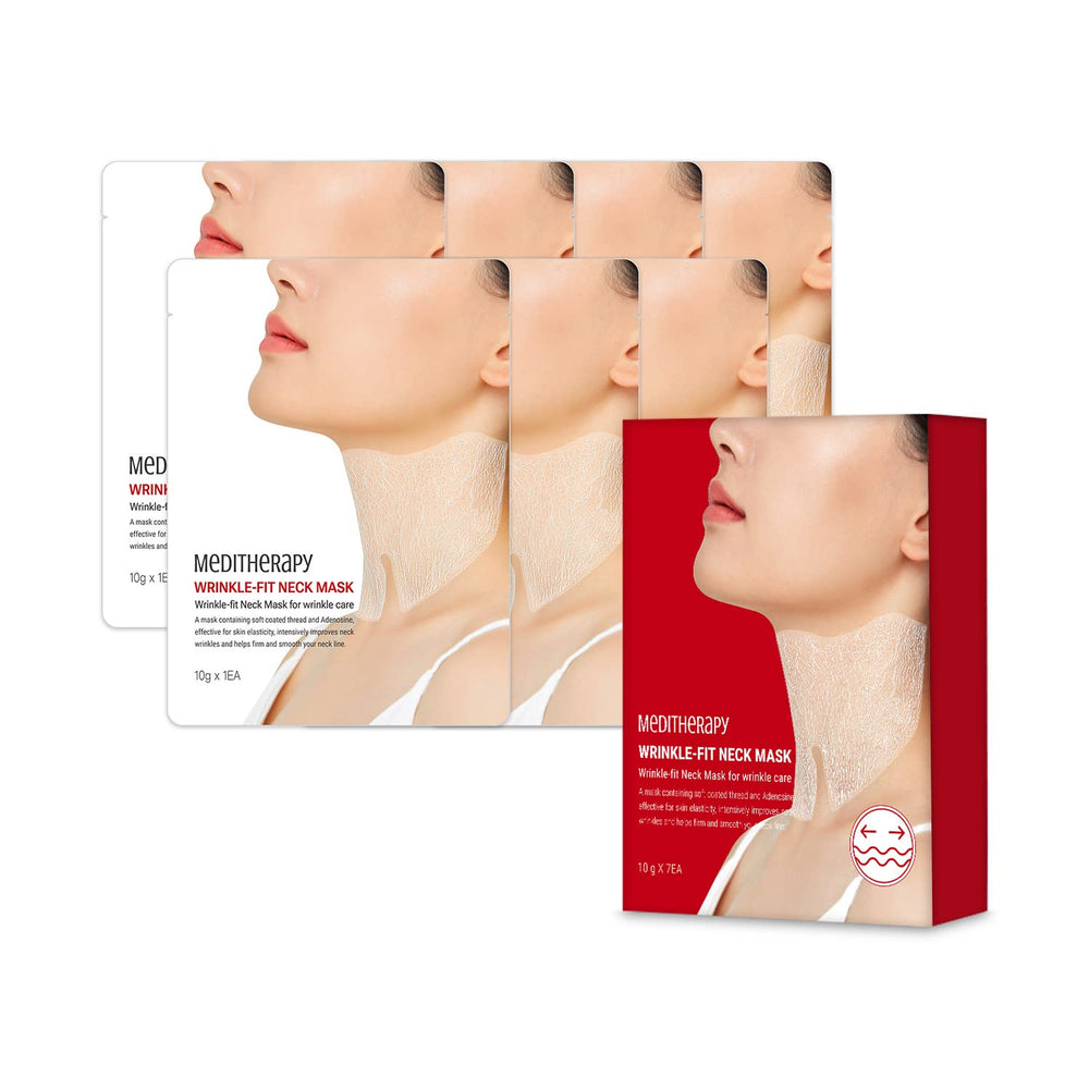 Meditherapy wrinkle-fit neck mask application demonstrates neck hydration and firming benefits