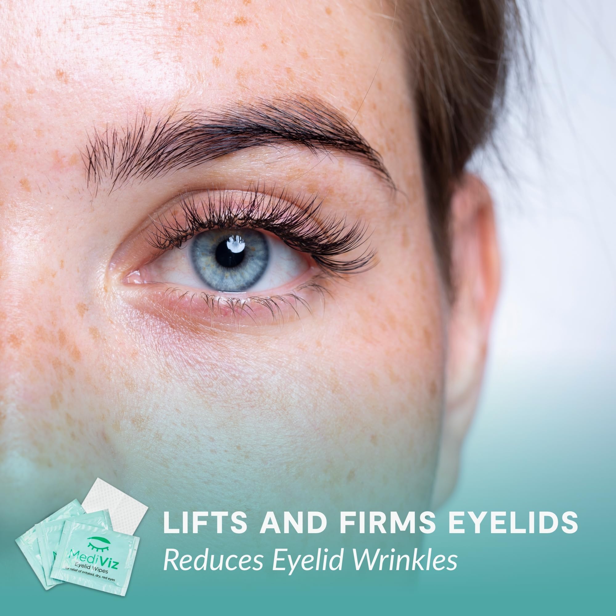 MEDIVIZ EyeLove wipes in use on eyelids and lashes for cleansing.