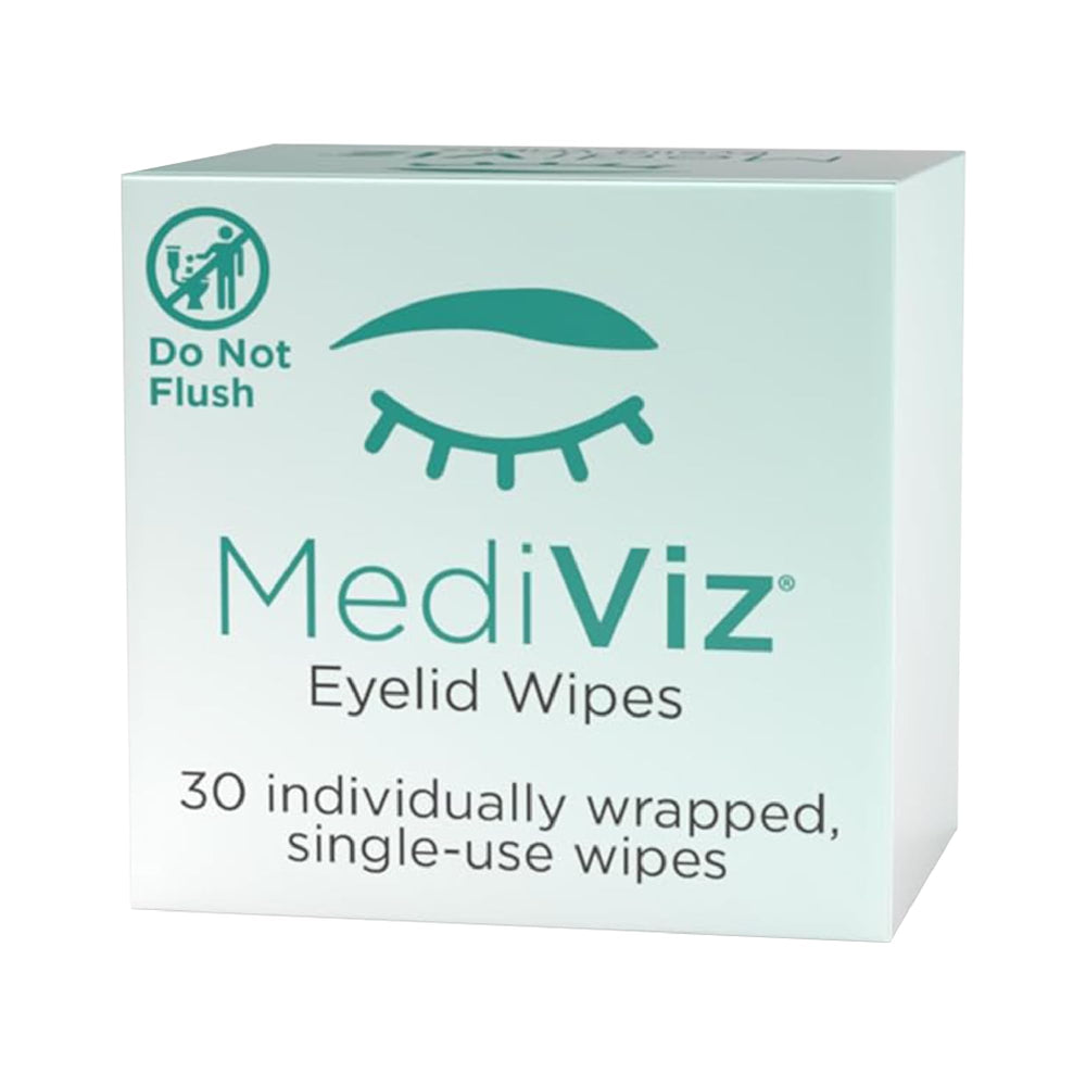 MEDIVIZ Eyelid Cleanser Wipes packaging shows convenient 30 single-use packets for daily use.