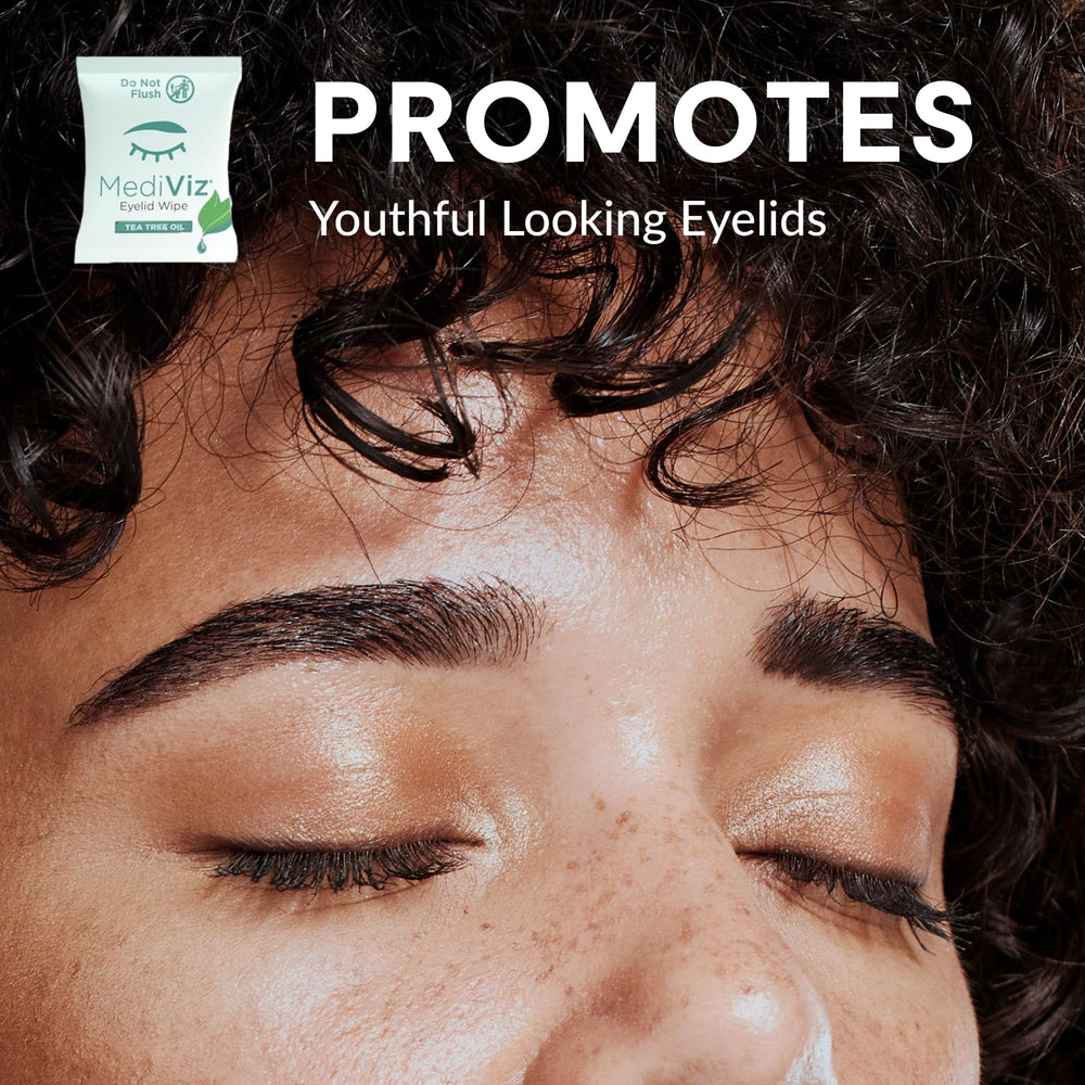 MEDIVIZ wipes along lash line demonstrating easy, no-rinse cleansing.