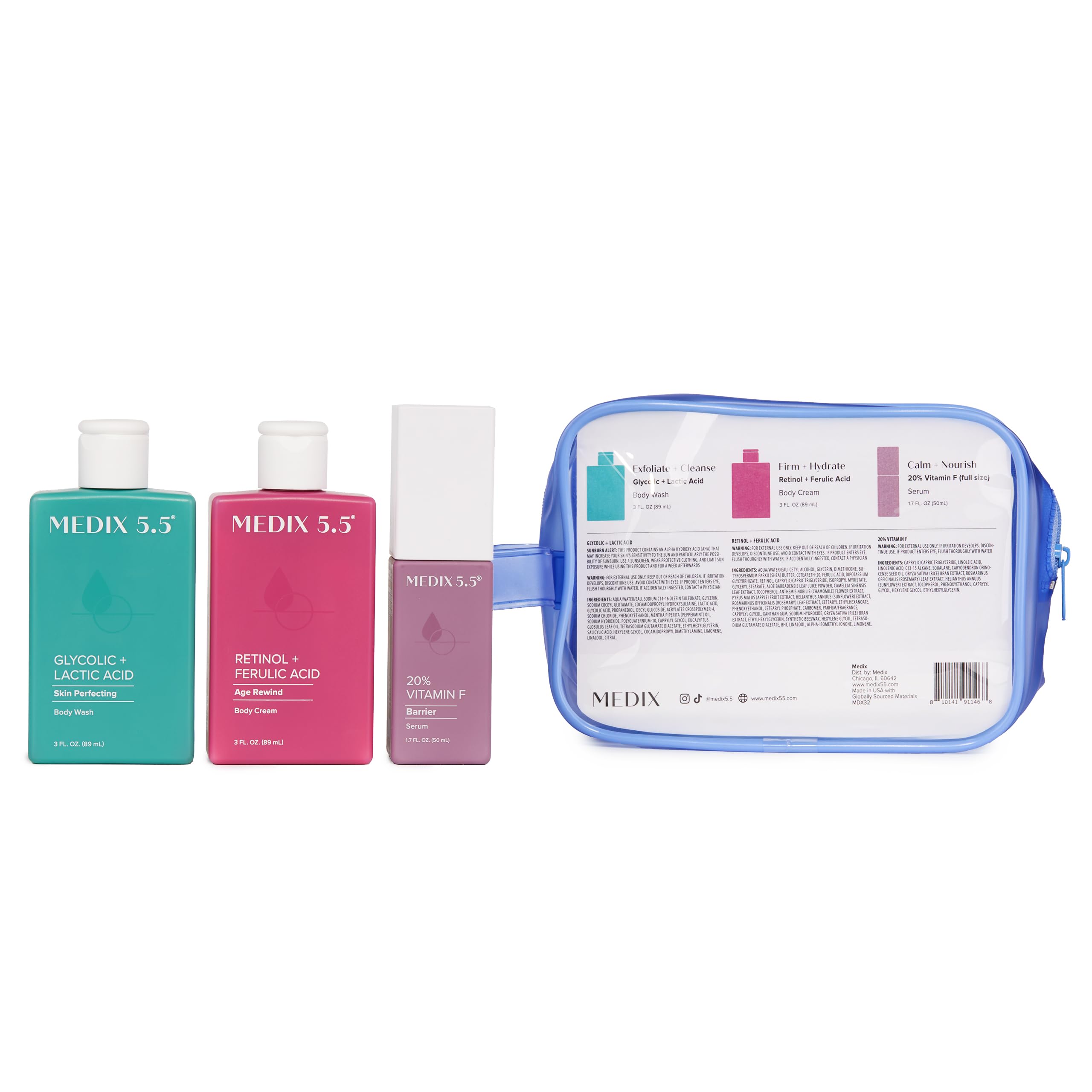 Medix 5.5 All-in-one travel kit on vanity, ideal for on-the-go skincare