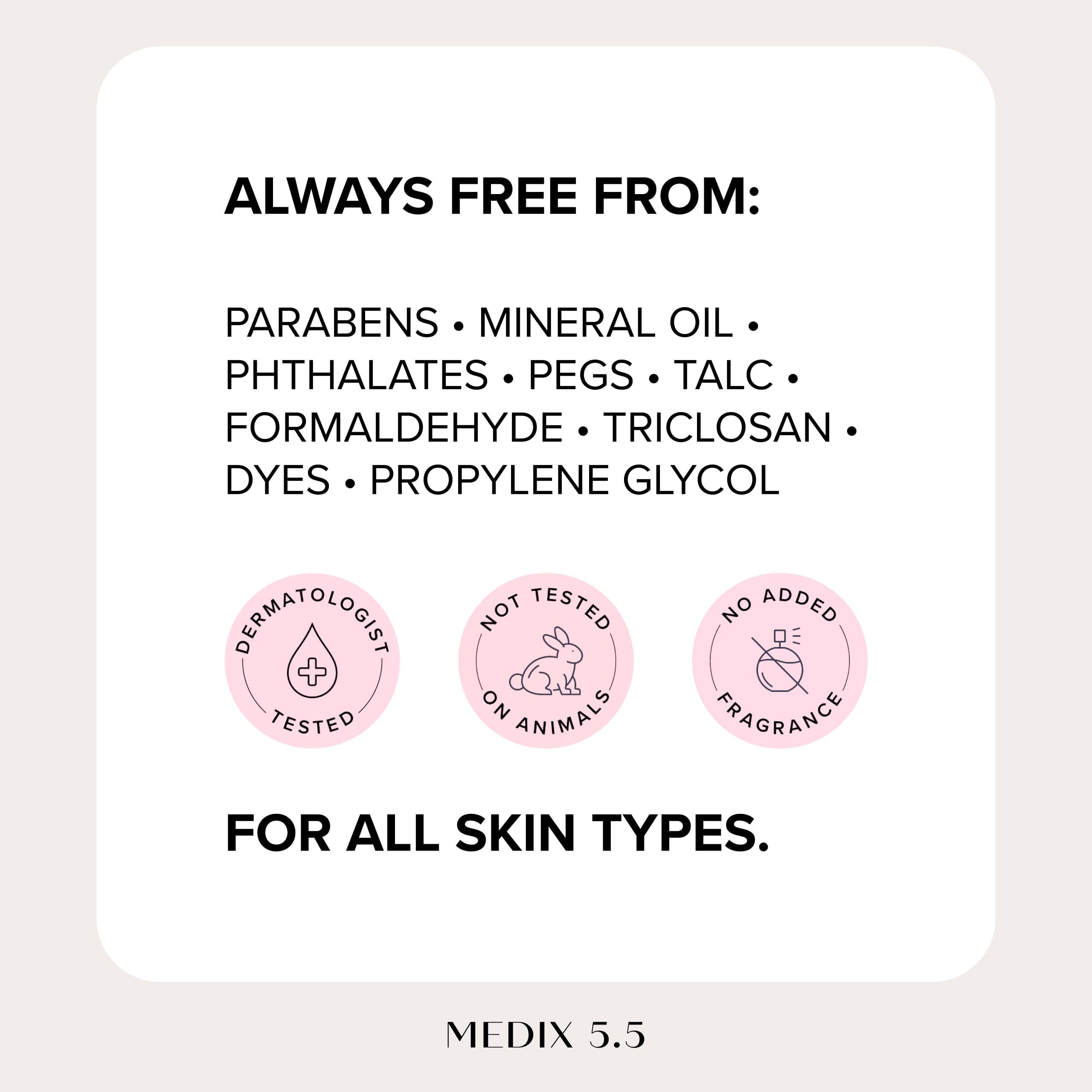 Medix 5.5 dermatologist-tested label on tub for reliable daily-care option.