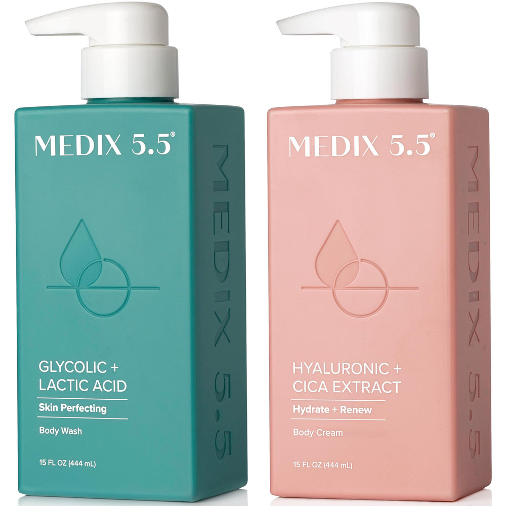 Medix 5.5 exfoliating wash bottle close-up showing glycolic-lactic foam for smoother skin