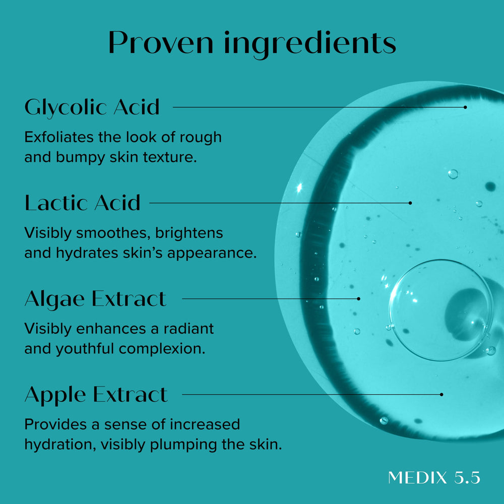Medix 5.5 close-up of bottle showing AHA blend for smoother skin