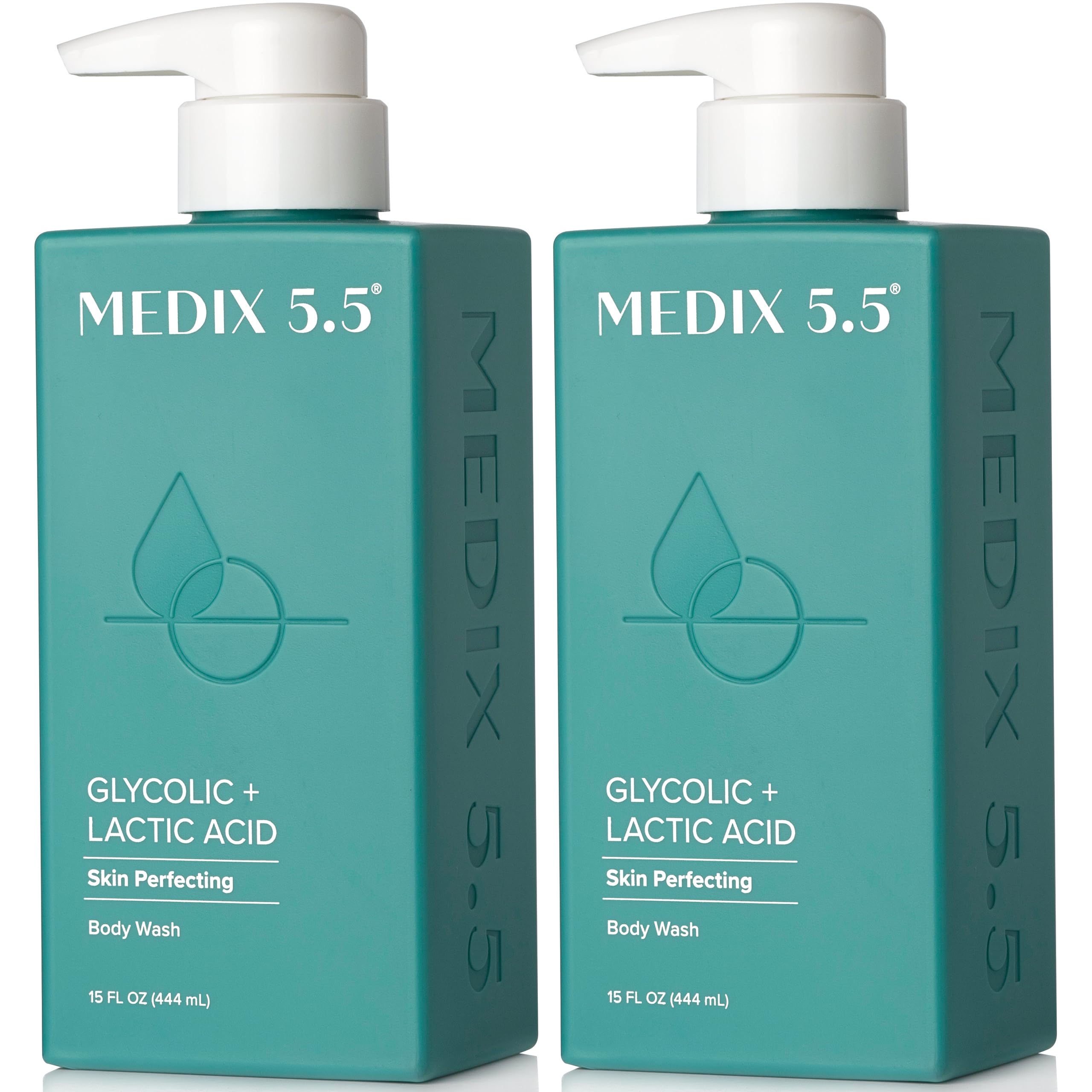 Medix 5.5 Glycolic Body Wash bottle shows gentle exfoliation for smoother skin
