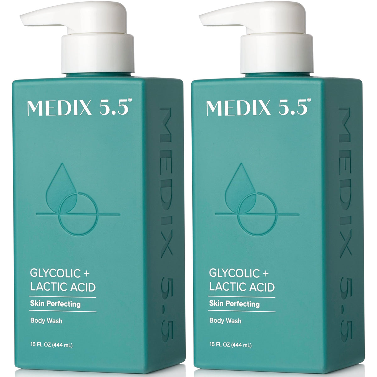 Medix 5.5 Glycolic Body Wash bottle shows gentle exfoliation for smoother skin