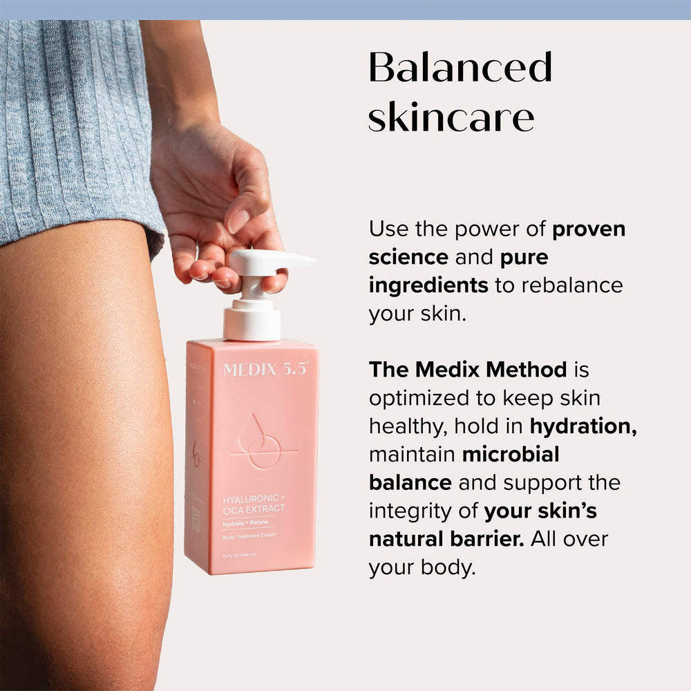 Medix 5.5 Hyaluronic Acid Cream Body Lotion ingredients scene highlights natural actives.