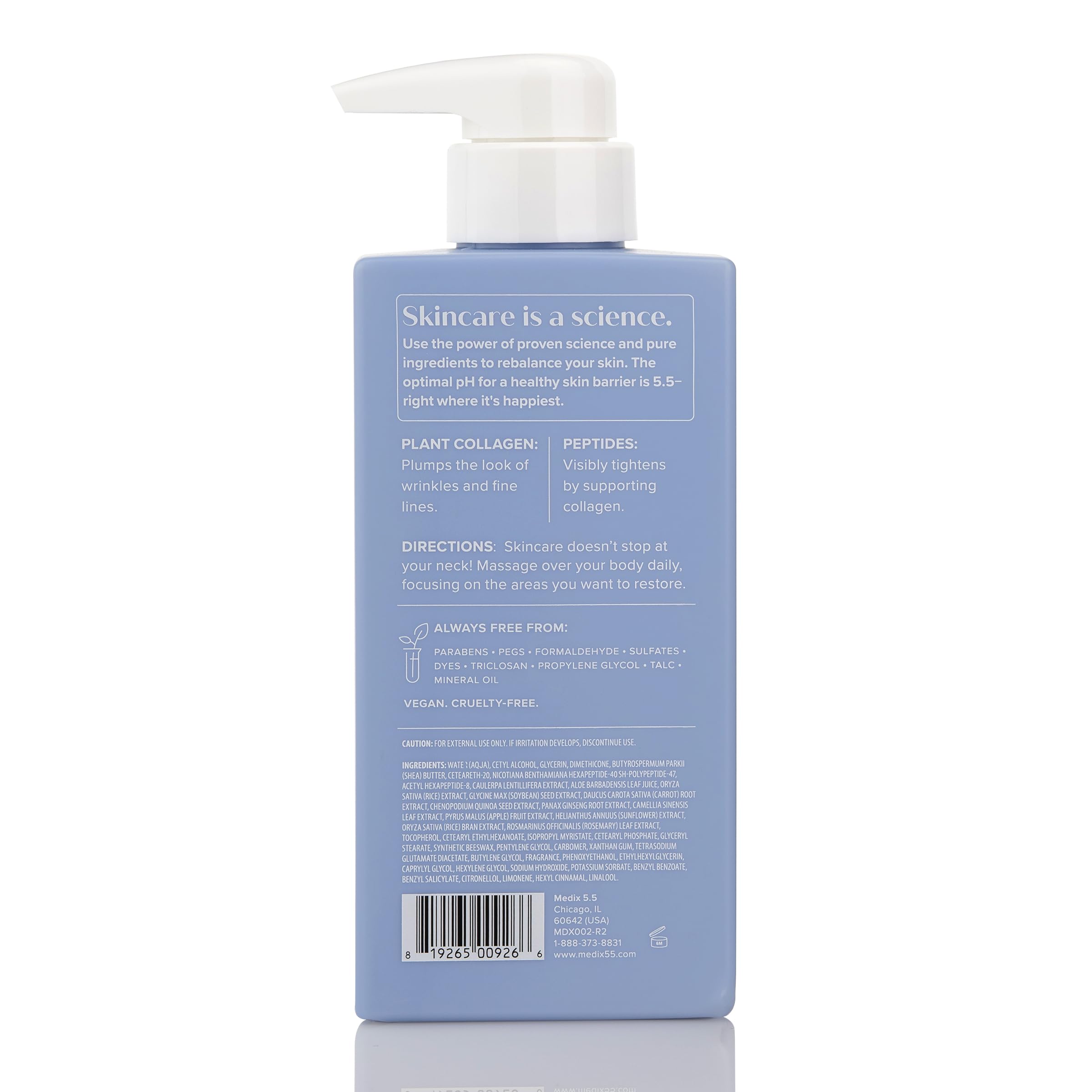 Medix 5.5 ingredients highlight peptides, shea butter, and Vitamin E for nourishment.
