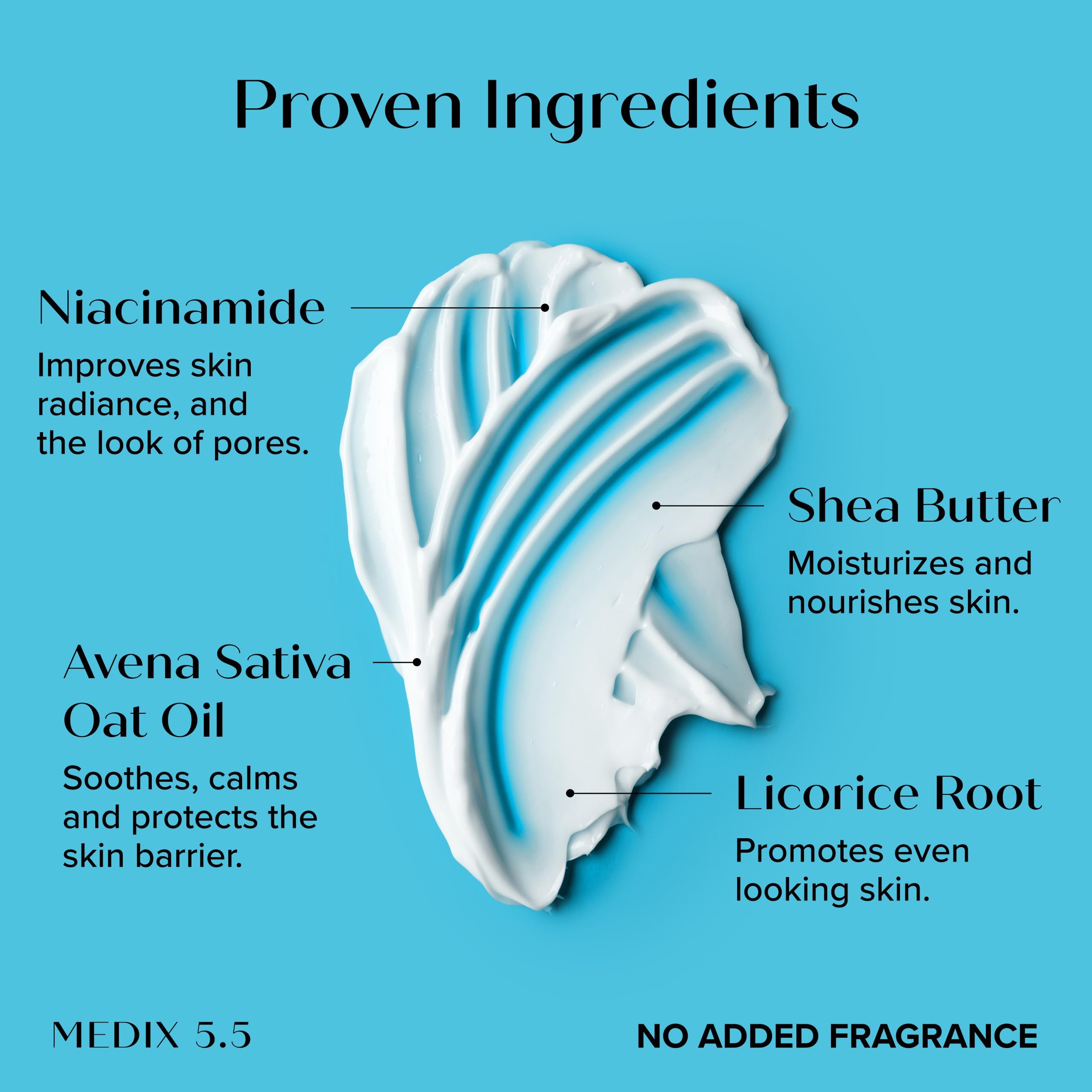 Medix 5.5 niacinamide ingredients closeup highlights shea butter and more.