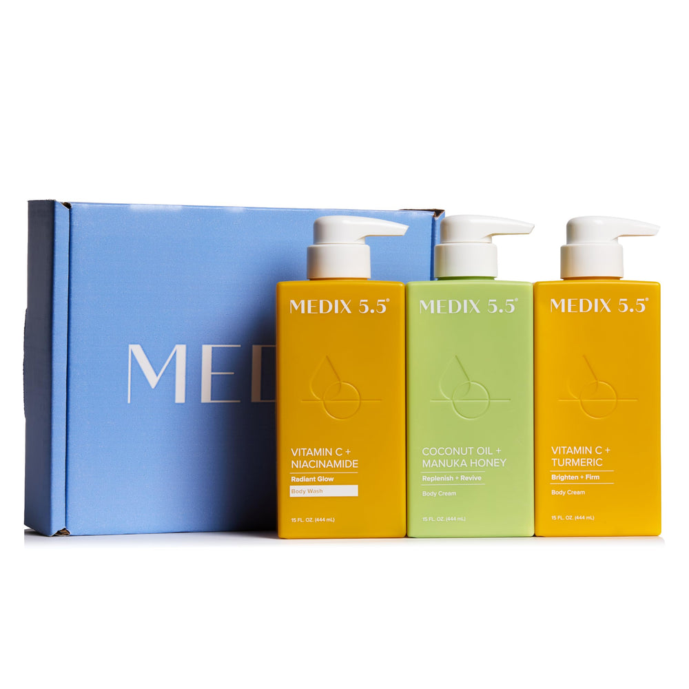 Medix 5.5 Nourish & Glow 3PC set front with gift packaging for daily moisturizing routine.