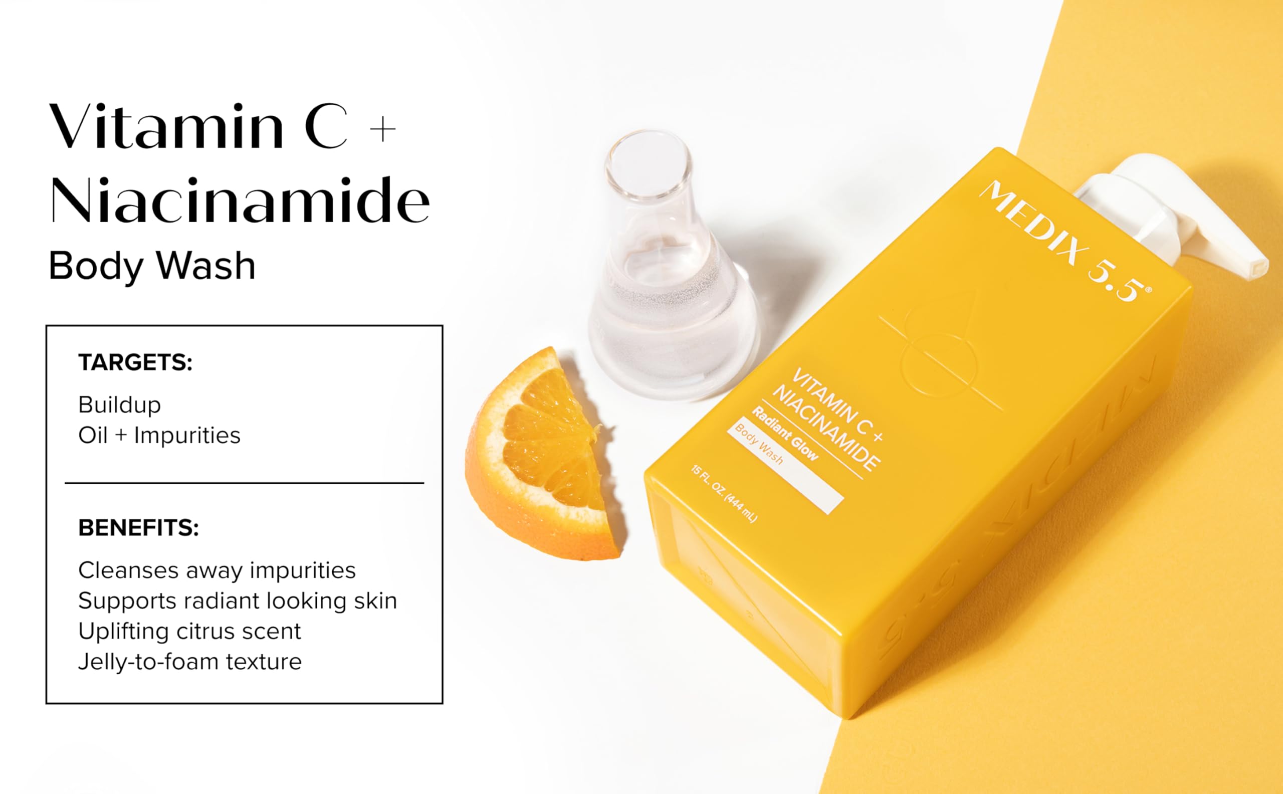 Medix 5.5 Radiant Glow Vitamin C Body Wash with Niacinamide — even-looking complexion.