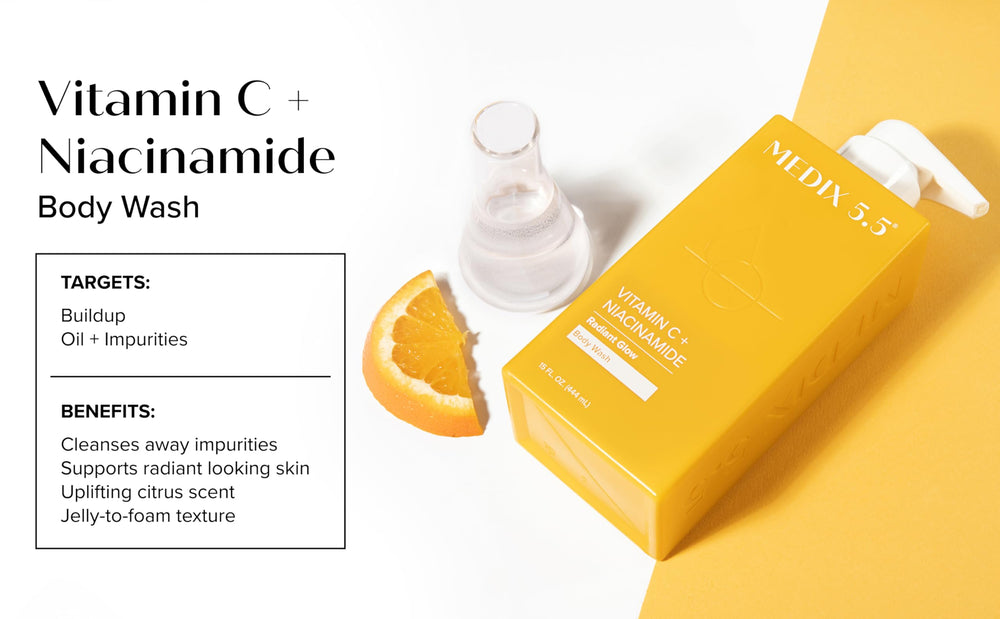 Medix 5.5 Radiant Glow Vitamin C Body Wash with Niacinamide — even-looking complexion.