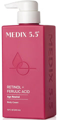 Medix 5.5 Retinol Body Lotion bottle closeup highlights hydrating formula for aging skin.