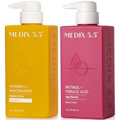 Medix 5.5 Vitamin C Body Wash bottle shows refreshing citrus cleansing benefits