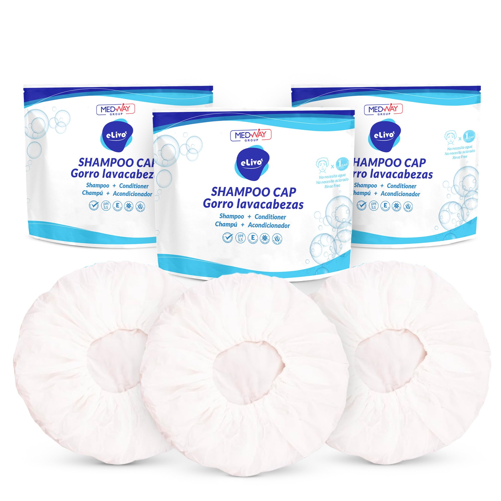 MedVance No Rinse Cap 3-pack shown for quick, waterless hair washing at home