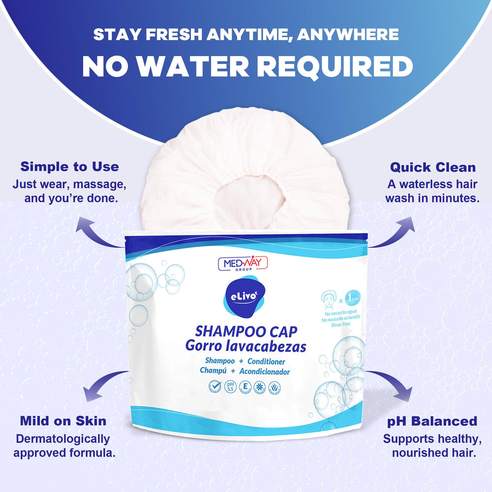 MedVance No Rinse Cap on head during use delivers dry, waterless cleansing