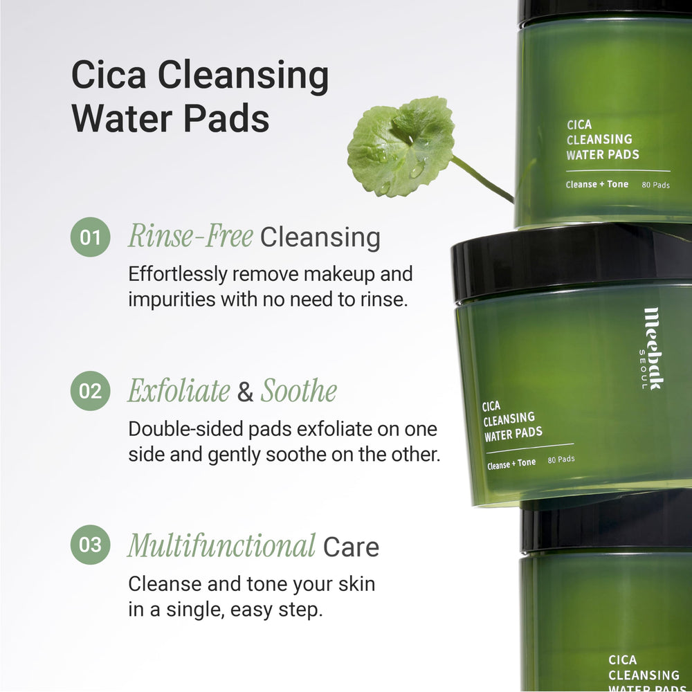 Meebak Cica Cleansing Water Pads micellar removal on pad illustrates quick makeup removal routine
