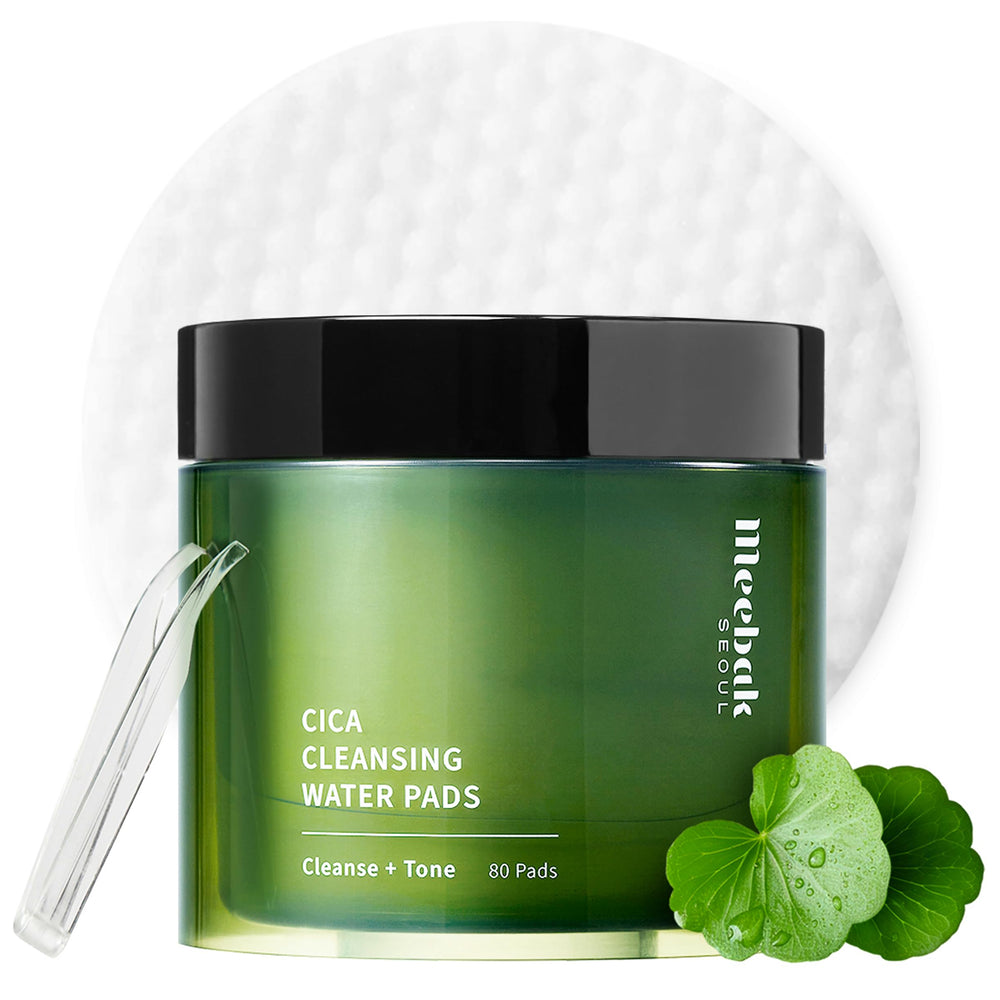 Meebak Cica Cleansing Water Pads packaging highlights travel-friendly 80-count design for on-the-go cleansing