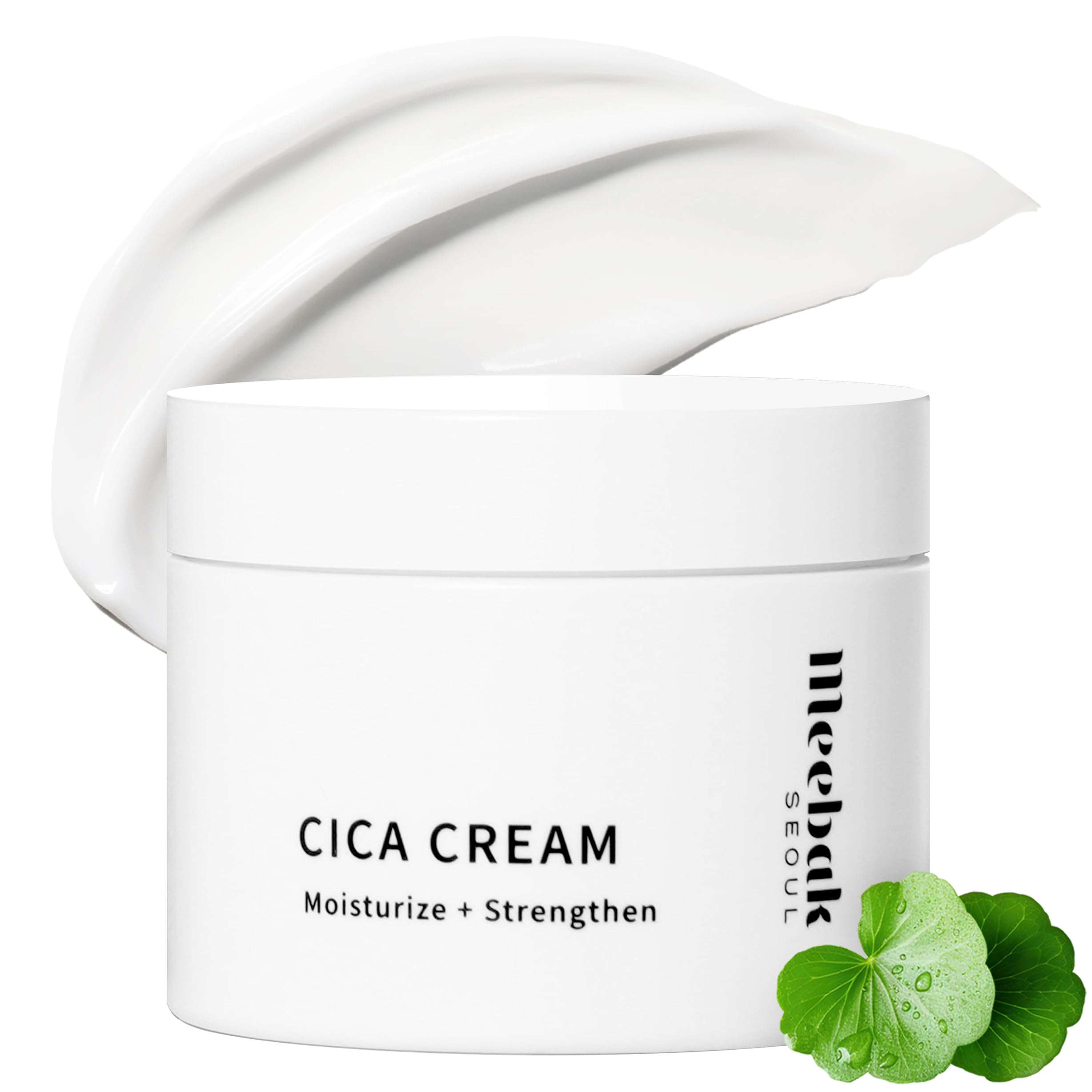 Meebak Cica Cream bottle closeup highlighting silky hydration for sensitive skin
