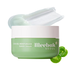 Meebak Cica Gel Moisturizer jar closeup showing lightweight hydration for dewy skin
